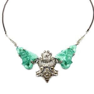 Art Deco Jade Glass Marcasite Necklace Sterling Celadon Green Chinoiserie Floral